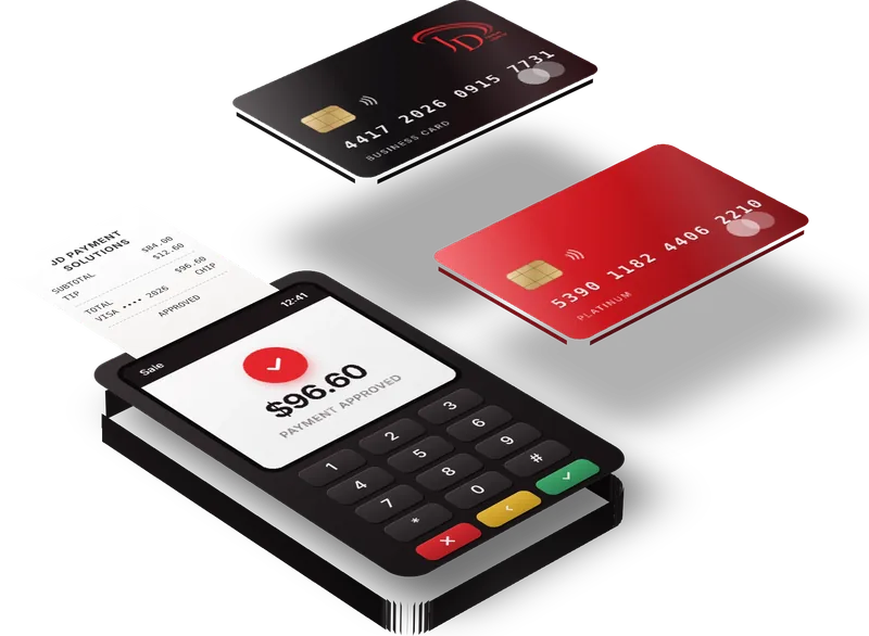 JD payment terminal showing an approved payment, with JD business cards